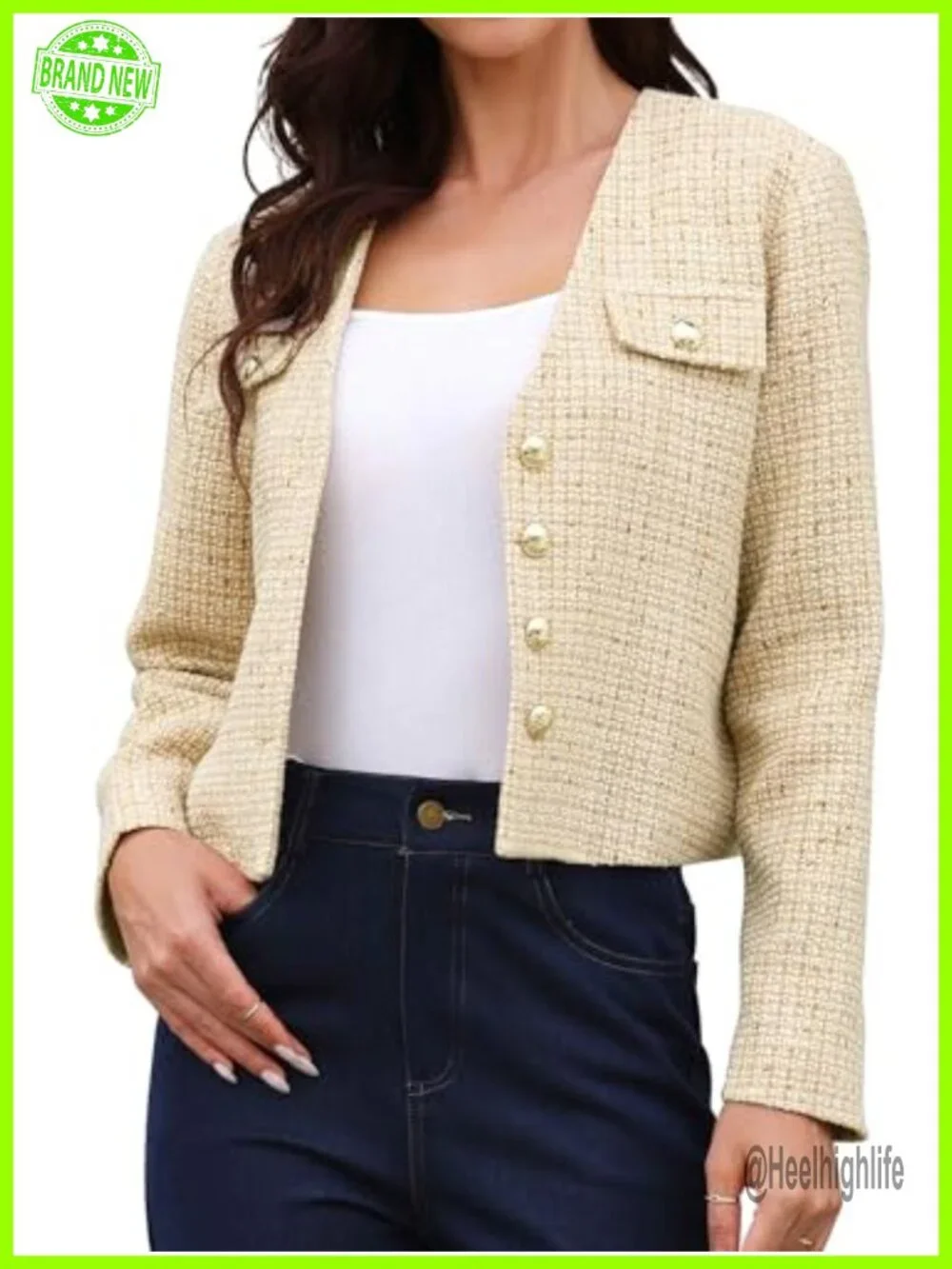 Collarless Tweed Plaid Blazer Long Sleeve Button Down Cropped Jacket